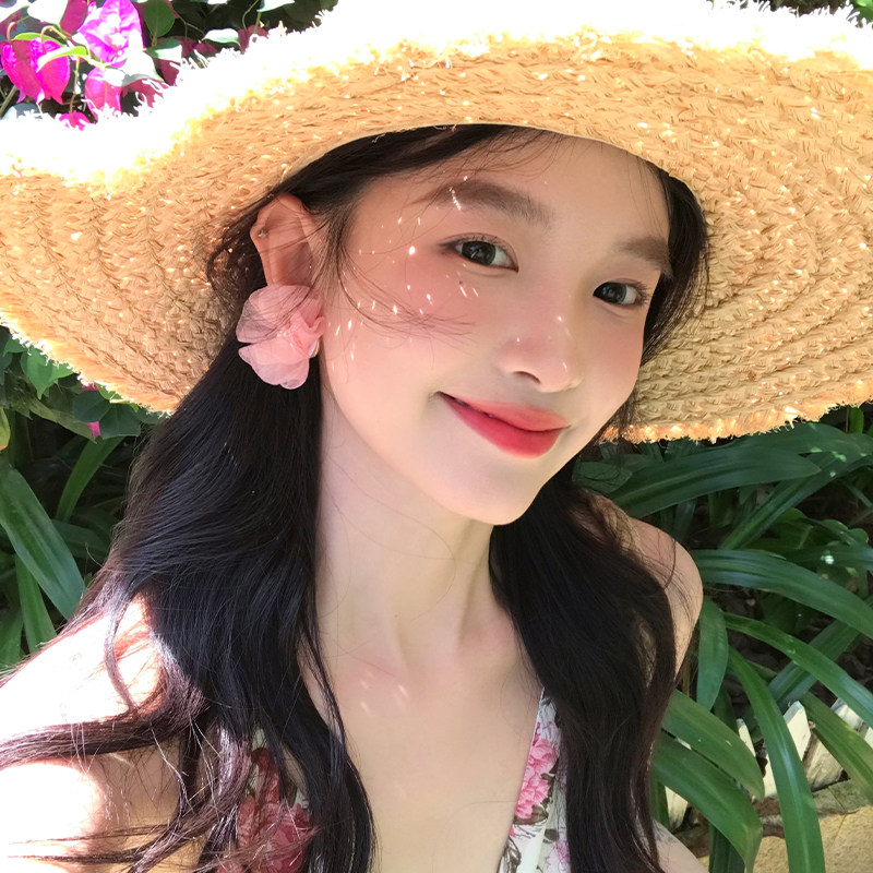 【我的脸很圆】原创粉色欧根纱立体布艺芙蓉纱花耳钉小众高级耳饰