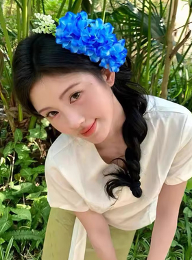 【我的脸很圆】原版!!!度假风蓝色绣球花发梳清冷感傣族花朵发夹