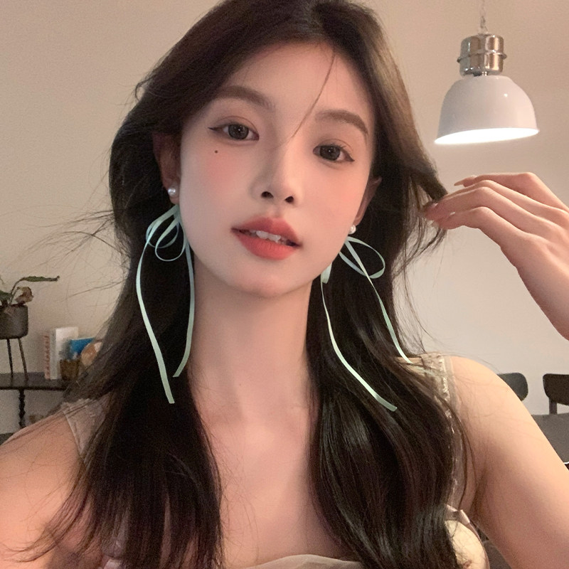 【我的脸很圆】夏日少女芭蕾风甜美珍珠绿色蝴蝶结飘带长款耳饰女