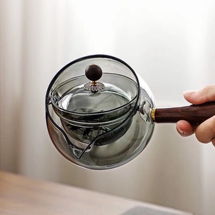 高硼硅玻璃耐热手工锤纹木把逍遥壶360度旋转耐热玻璃可过滤沏茶