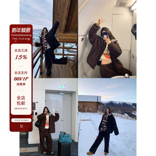 套装 牙套大汪 拉链棉服外套松紧休闲裤 宽松立领长袖 乌木棕繆