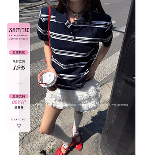牙套大汪 【研究生】薄款短袖条纹polo衫t恤女2025新款上衣