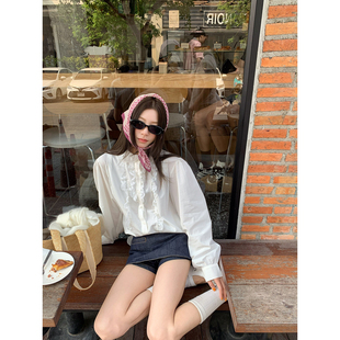 韩系慵懒感衬衫 牙套大汪 花边领复古蕾丝拼接泡泡袖 白月光 法式