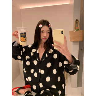 【啵啵奶茶】波点宽松长款舒服透气25%亚麻满印睡衣家居服套装