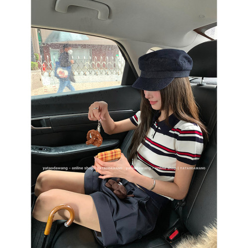 牙套大汪【miu系polo】针织条纹polo衫短袖t恤女正肩翻领短款上衣