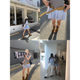 短裤 清纯夏日蓝格子衬衫 2件套 甜甜圈 牙套大汪