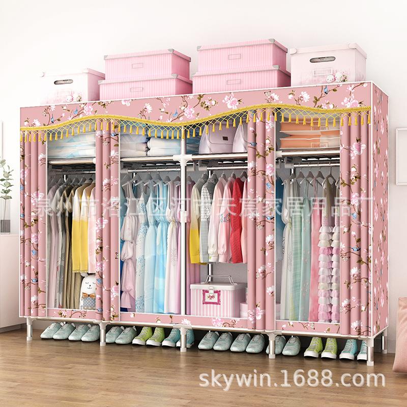 布衣柜布艺钢管加粗简约现代经济型简易衣橱C215/17/55送手套并优