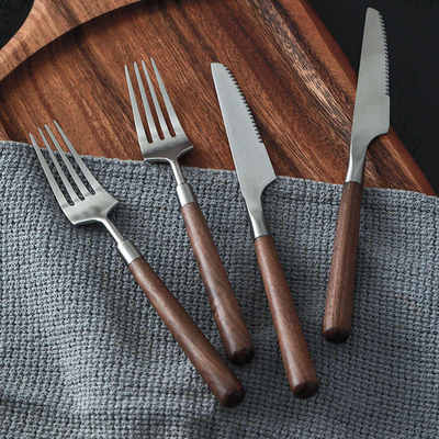 胡桃木牛排刀叉盘子套装家用不锈钢西餐餐具木柄叉子牛排刀两件套