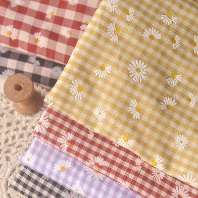 花墙半雏菊红黄白小小格涤棉布料  上衣连衣裙短裤童服装开衫面料