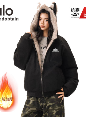 a.l.o冬季加厚麂皮绒座山雕棉服女男兔耳朵设计棉衣夹棉保暖夹克