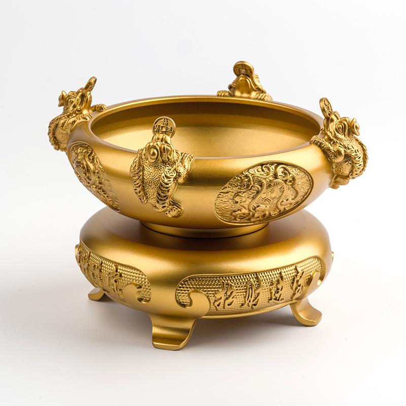 黄铜金蟾聚宝香炉件纯铜四方来财聚宝盆四大神兽可旋转家居工艺品