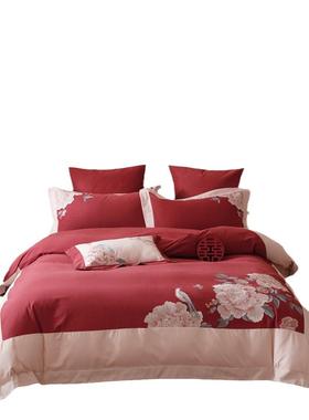 中式婚庆100支大棉毛四件套全花磨鸟刺绣红色被套结婚喜SY庆床品