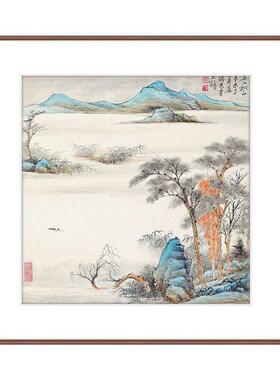 斗方画茶室禅意古风挂画青绿山水入户玄关餐厅双联卡纸正方形挂画