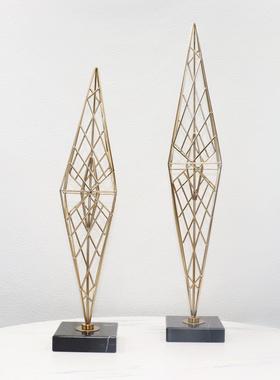 新中式样板房客厅铁艺金属大理石摆件玄关过道橱窗展台软装饰品