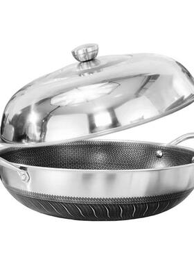 304不锈钢双耳锅蜂窝双面屏36CM不粘锅平底少油烟无涂层平底炒锅