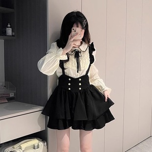 套装 微胖学院风收腰蝴蝶结背带裙秋冬女纯欲娃娃领甜辣妹上衣衬衫