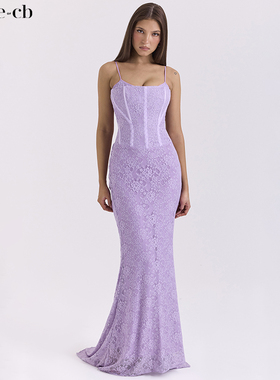 House of CB高贵典雅兰花紫蕾丝紧身超长连衣裙Antonina