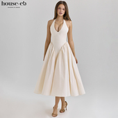 House 太阳裙Marilyn 复古本白色弹力棉中长款 CB经典