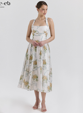 House of CB轻盈优雅白色复古蝴蝶结印花雪纺中长连衣裙Minerva