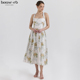 House CB轻盈优雅白色复古蝴蝶结印花雪纺中长连衣裙Minerva