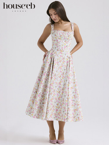 HouseofCB优雅淡蓝印花连衣裙