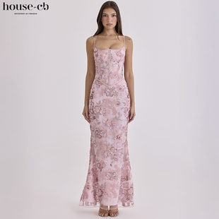 House of CB精美粉色手工珠绣束腰超长连衣裙 - 限量版Naima