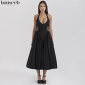 欧美风性感收腰黑色挂脖中长太阳裙Marilyn House