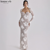 House CB高贵优雅象牙白刺绣蕾丝超长连衣裙带坎肩Lucienne