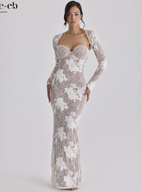 House of CB高贵优雅象牙白刺绣蕾丝超长连衣裙带坎肩Lucienne