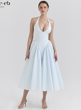 House of CB 清新简约浅蓝色挂脖束腰中长太阳裙Marilyn