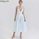 House 清新简约浅蓝色挂脖束腰中长太阳裙Marilyn