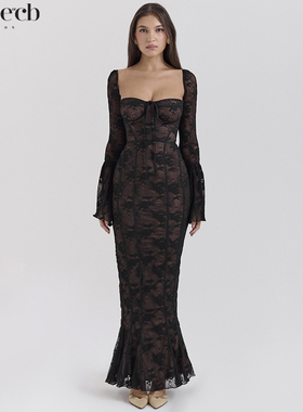 House of CB 秋冬款奢华迷人黑色长袖蕾丝超长连衣裙Delilah
