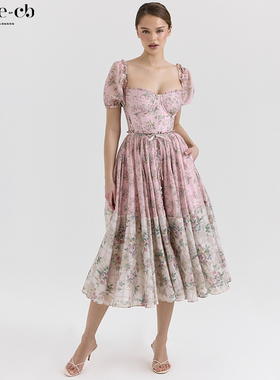 House of CB波西米亚风复古粉色花卉雪纺中长连衣裙Penelope