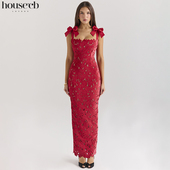 House 显身材新年派对喜庆红色蕾丝蝴蝶结连衣裙Tiff 旗袍款