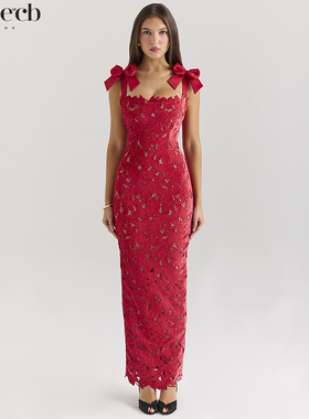 House of CB 旗袍款显身材新年派对喜庆红色蕾丝蝴蝶结连衣裙Tiff