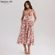 House CB高贵浪漫玫瑰印花弹力棉束腰太阳裙Emmelina