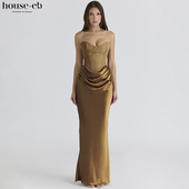 House CB高贵优雅古铜色提花缎面束腰超长连衣裙Aurelia