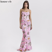 House CB精致优雅粉色印花紧身超长连衣裙Antonina