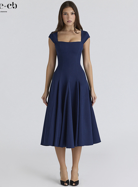 House of CB大方优雅藏青色蕾丝后背斜纹中长连衣裙Raisa