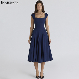 House CB大方优雅藏青色蕾丝后背斜纹中长连衣裙Raisa
