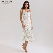House CB精致清新奶白色Dionne印花弹力棉中长连衣裙Dionne