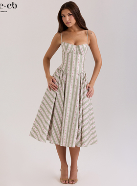 House of CB精致优美鼠尾草条纹花卉印花棉质中长连衣裙Samaria