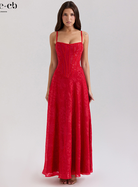 House of CB优雅高贵红色金银丝雪纺超长连衣裙Esme