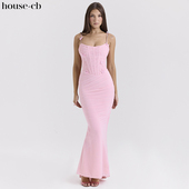 House 奢华轻盈粉色蝴蝶束腰超长连衣裙Romola