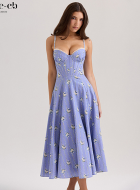 House of CB田园风蓝色小菊花印花束腰弹力棉中长连衣裙Steffani