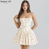 House CB俏皮可爱白色玫瑰印花弹力面迷你连衣裙Ysabella