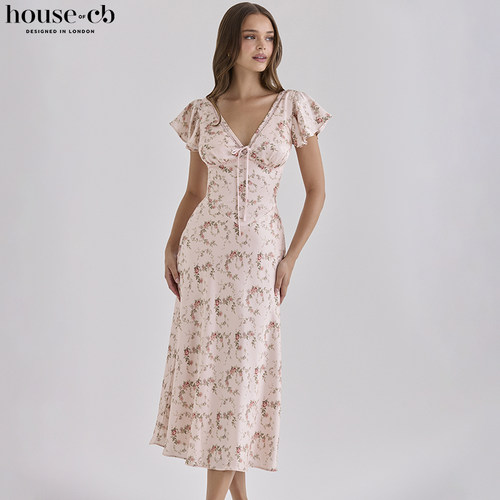 HouseofCB玫瑰花印花中长裙