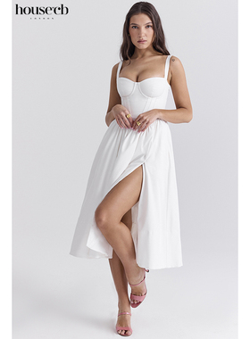 House of CB 收腰开叉白色束腰中长太阳裙Kelly