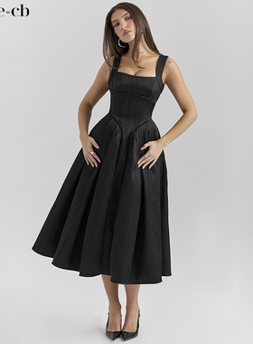 House of CB精致高贵黑色质感缎面紧身胸衣中长连衣裙Isabeau