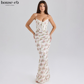 House CB精致优雅奶油玫瑰印花超长连衣裙Calista